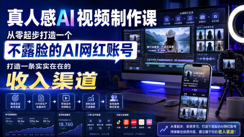 真人感AI视频制作课，从零起步打造一个不露脸的AI网红账号，打造一条实实在在的收入渠道【原创双语字幕】-课程网