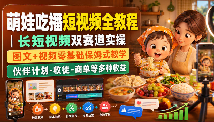 萌娃吃播短视频全教程｜长短视频双赛道实操，图文+视频零基础保姆式教学，伙伴计划-收徒-商单等多种变现方式-课程网