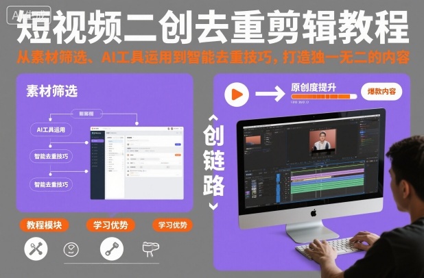 短视频二创去重剪辑教程，从素材筛选、AI工具运用到智能去重技巧，打造独一无二的内容-课程网