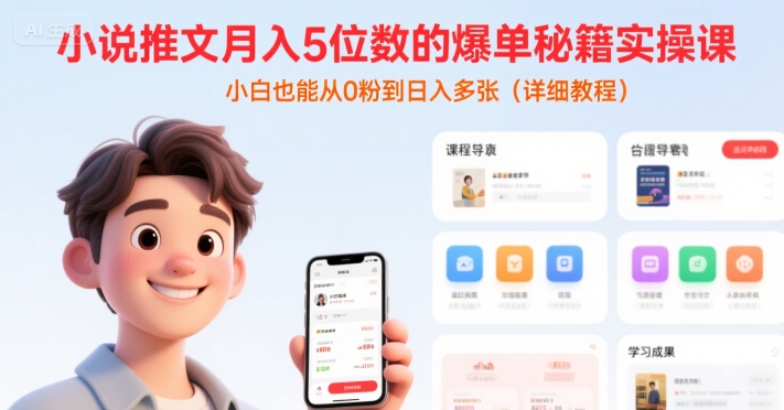 小说推文月入5位数的爆单秘籍实操课，，小白也能从0粉到日入多张(详细教程)-课程网