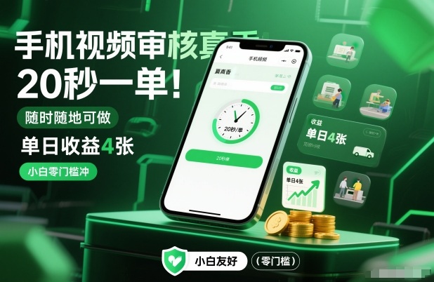 手机视频审核真香！20秒一单，随时随地可做，单日收益4张，小白零门槛冲【揭秘】-课程网