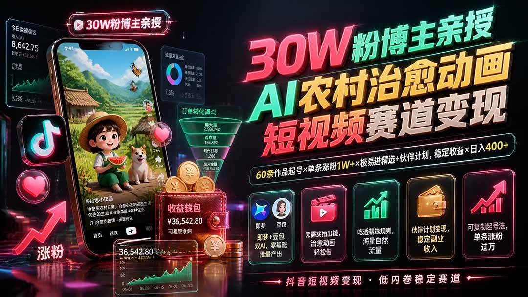 （19648期）30W粉博主亲授AI农村治愈动画短视频赛道变现：60条作品起号×单条涨粉1W+×极易进精选+伙伴计划，稳定收益×日入400+-课程网