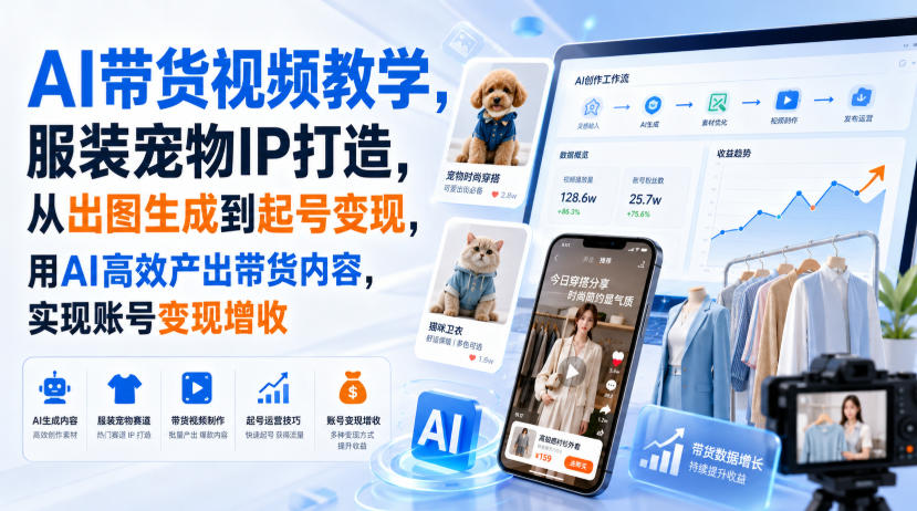 AI带货视频教学，服装宠物IP打造，从出图生成到起号变现，用AI高效产出带货内容，实现账号变现增收-课程网