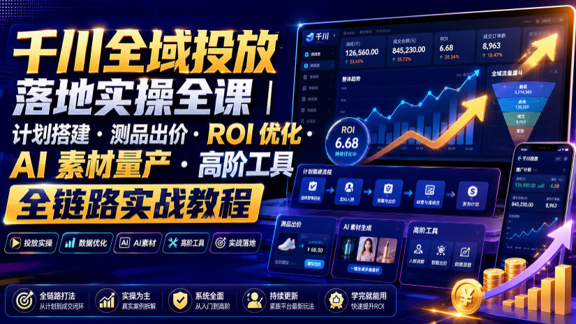 千川全域投放落地实操全课｜计划搭建・测品出价・ROI优化・AI素材量产・高阶工具全链路实战教程-课程网
