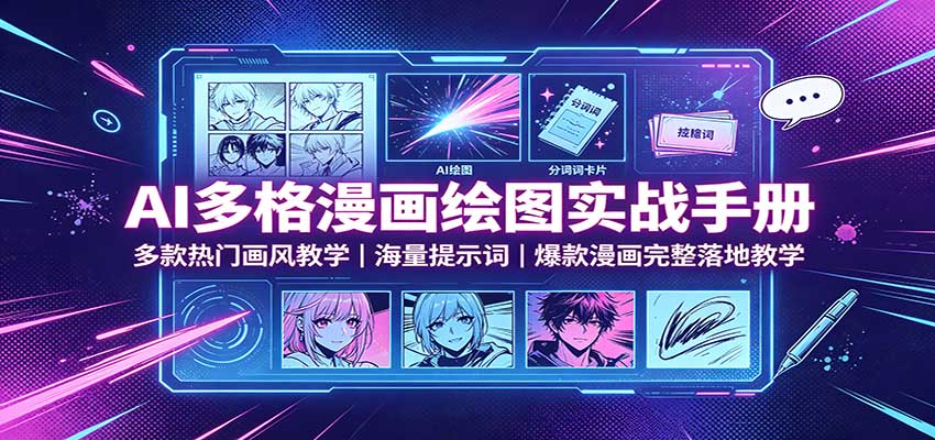 AI多格漫画绘图实战手册：多款热门画风教学，海量提示词，爆款漫画完整落地教学-课程网
